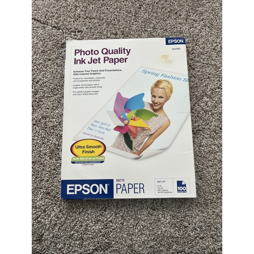 Epson‎ Photo Quality Ink Jet Paper S041062 100 Sheets 8.5x11" 27 Lb Matte
